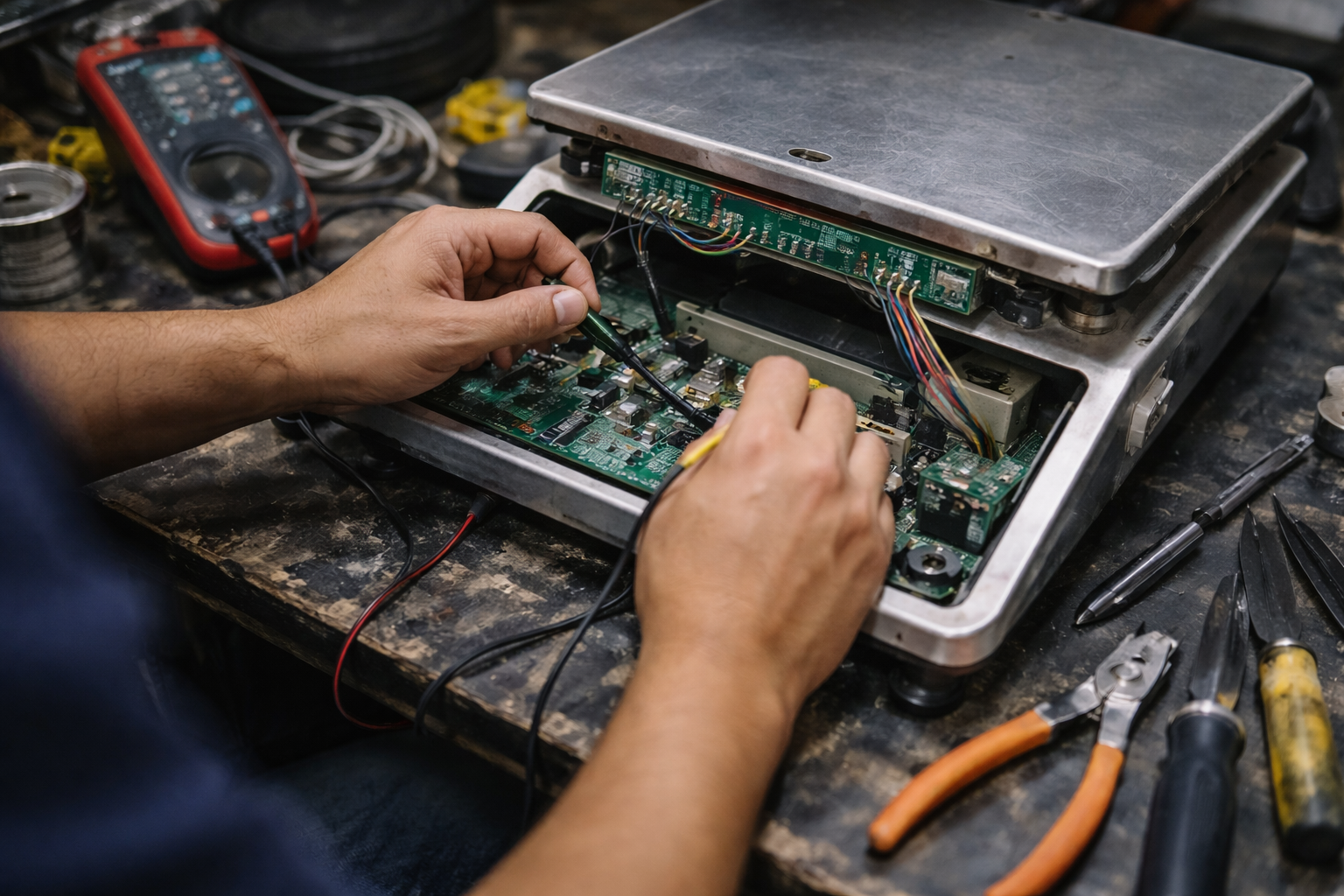 Reparación técnica de báscula con componentes electrónicos visibles
